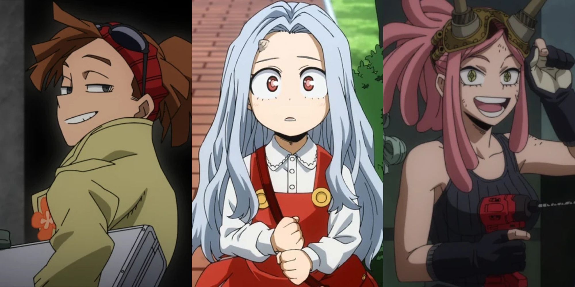 A collage of 3 great My Hero Academia characters who never fight: Rody Soul, Eri and Mei Hatsume.