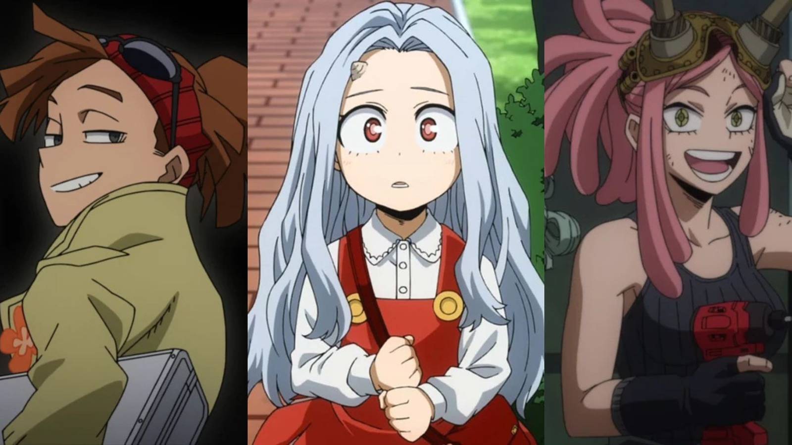 A collage of 3 great My Hero Academia characters who never fight: Rody Soul, Eri and Mei Hatsume.
