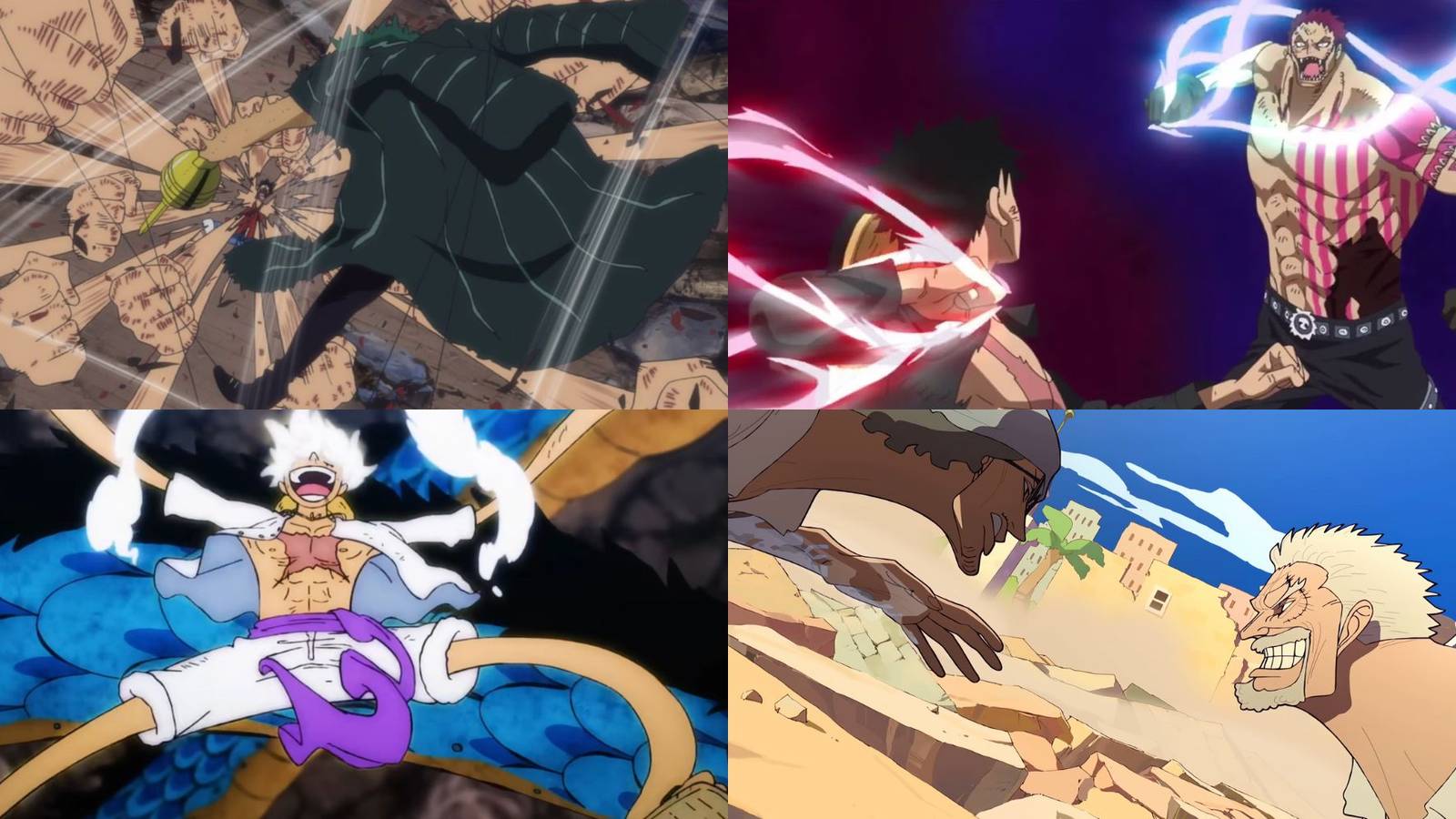A collage of 4 cinematic One Piece fights: Luffy vs. Crocodile, Luffy vs. Katakuri, Luffy vs. Kaido and Garp vs. Kuzan