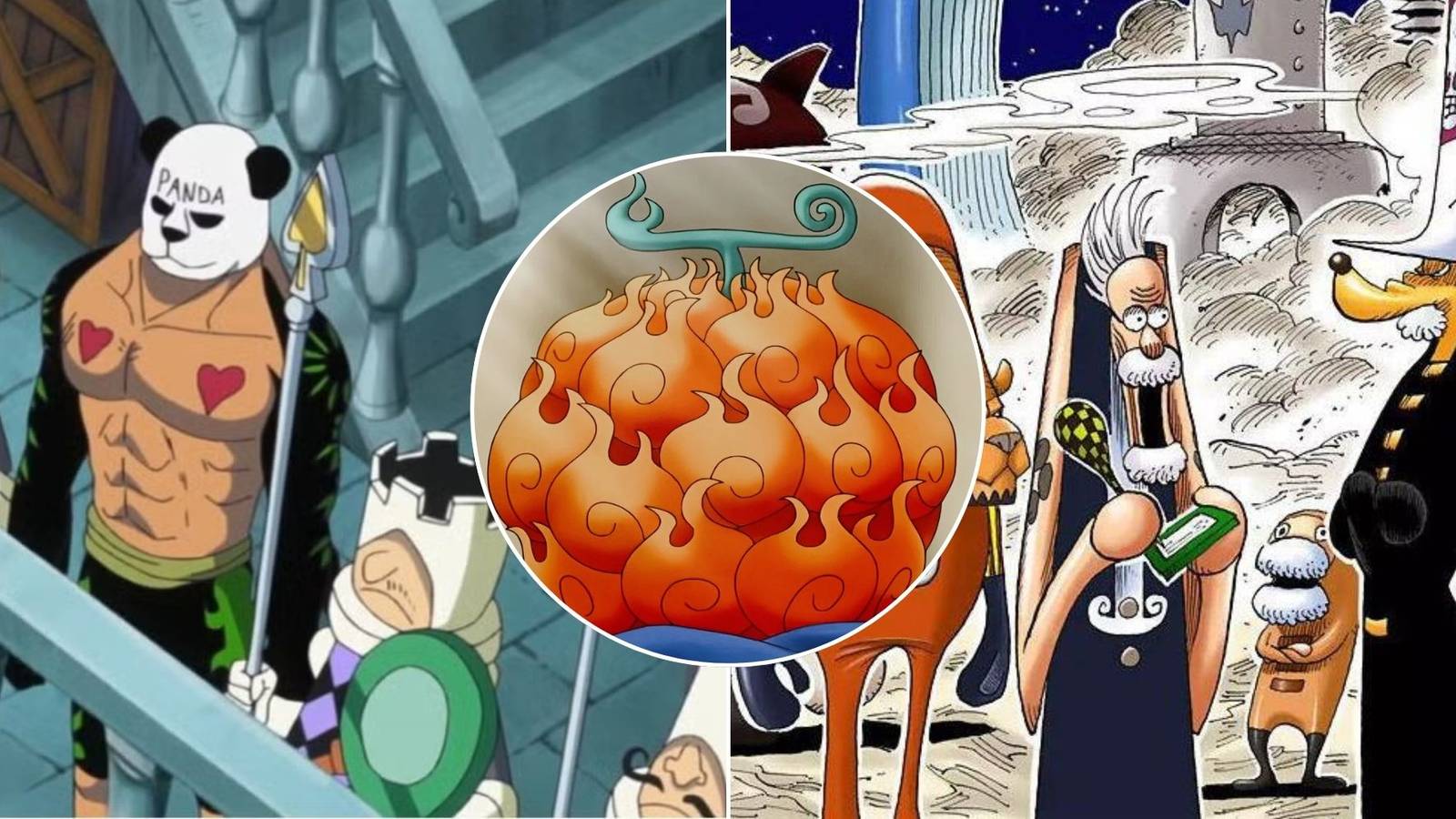 A collage of 3 obscure pieces of One Piece lore: Pandaman, the Space Pirates living on the moon and the Mera Mera no Mi, the only Devil Fruit that was eaten by two people at the same time.