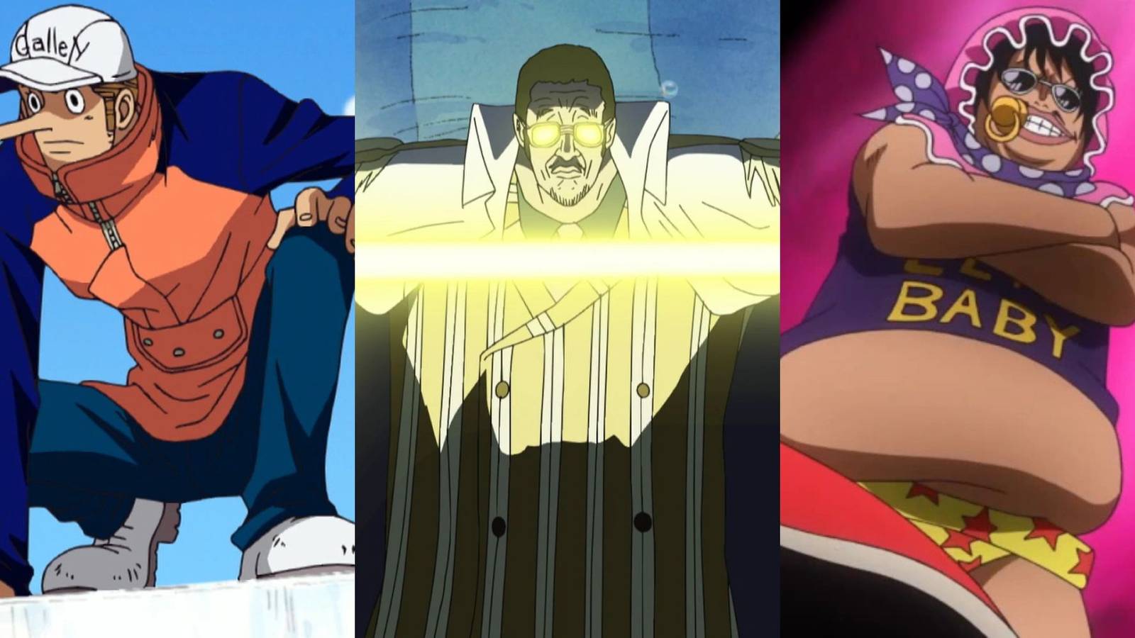 A collage of 3 One Piece villains who should get a redemption arc: Kaku, Borsalino and Senor Pink.