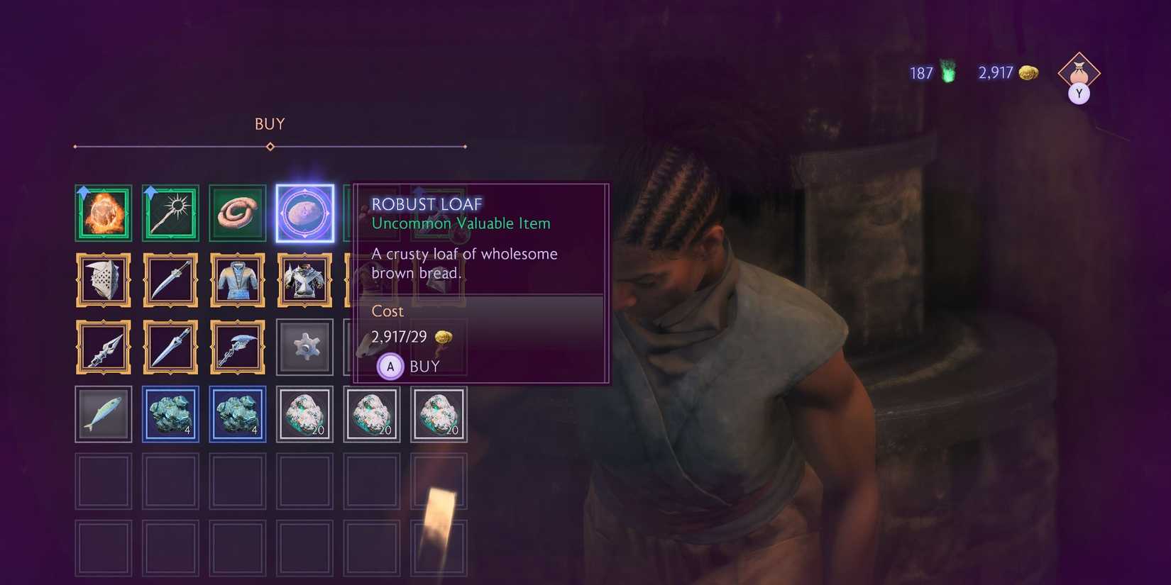 An image of a merchant selling a Robust Loaf in Dragon Age: The Veilguard