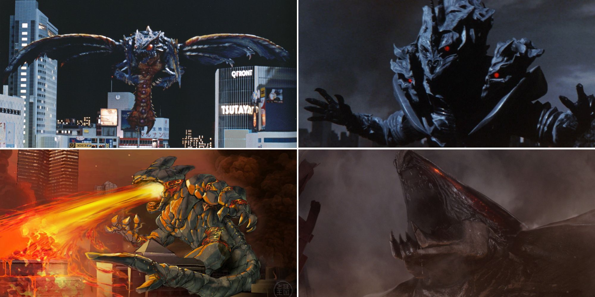 A collage of recent additions to the Godzilla franchise, Megaguirus, Monster X, Obsidius and MUTO.