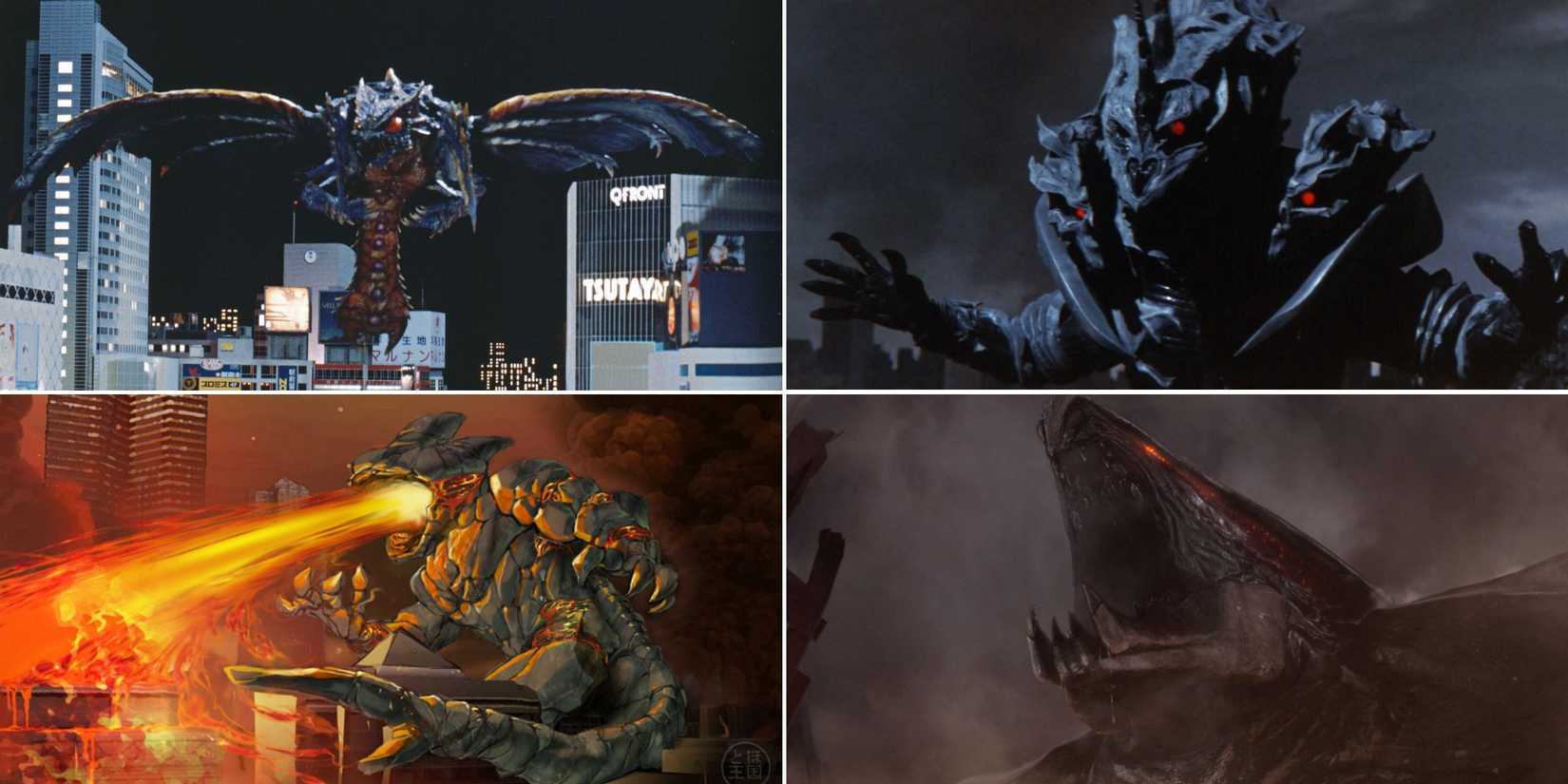 A collage of recent additions to the Godzilla franchise, Megaguirus, Monster X, Obsidius and MUTO.