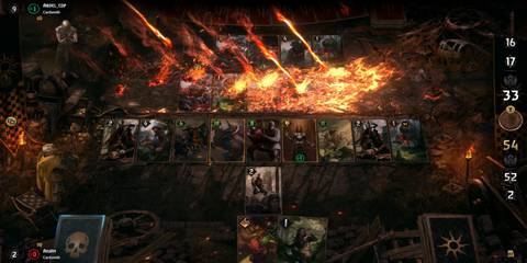 A Key Frame Of A Game Of Gwent In Action As A Fire-Based Attack Animation Plays