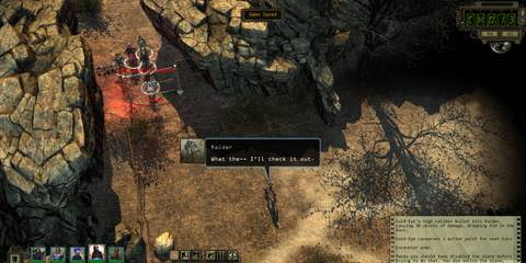 A raider investigates a suspicious alarm near rocky terrain in Wasteland 2, highlighting stealth mechanics