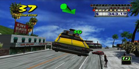 A Yellow Taxi Cab Flying Through The Air Across A Busy Street In Crazy Taxi
