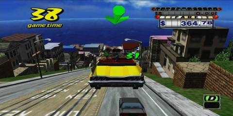 A Yellow Taxi Cab Flying Through The Air Down A Hill In Crazy Taxi