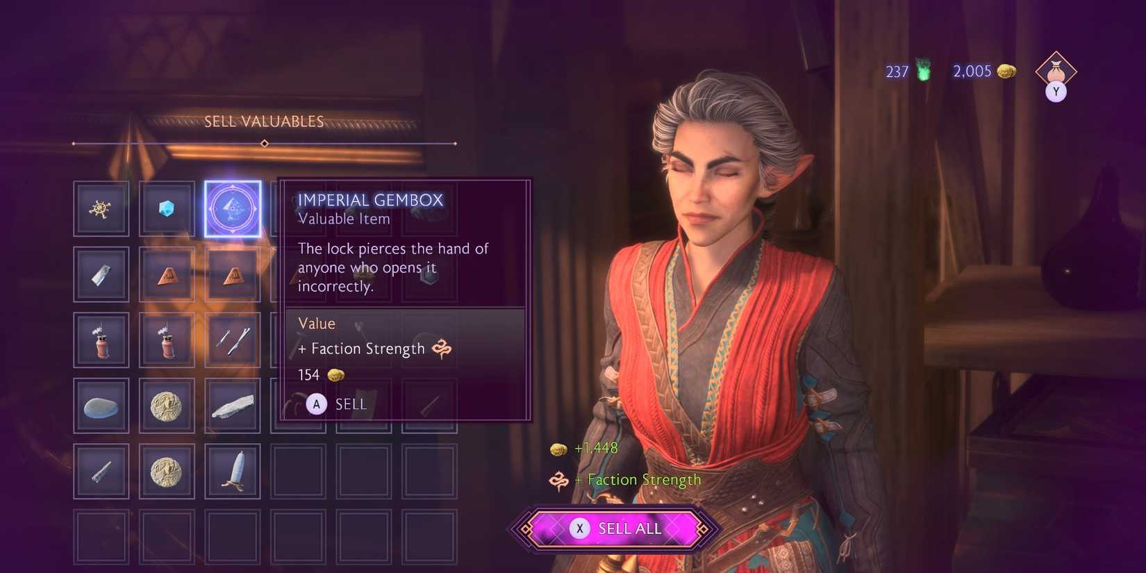 An image of Rook selling an Imperial Gembox to a merchant in Dragon Age: The Veilguard