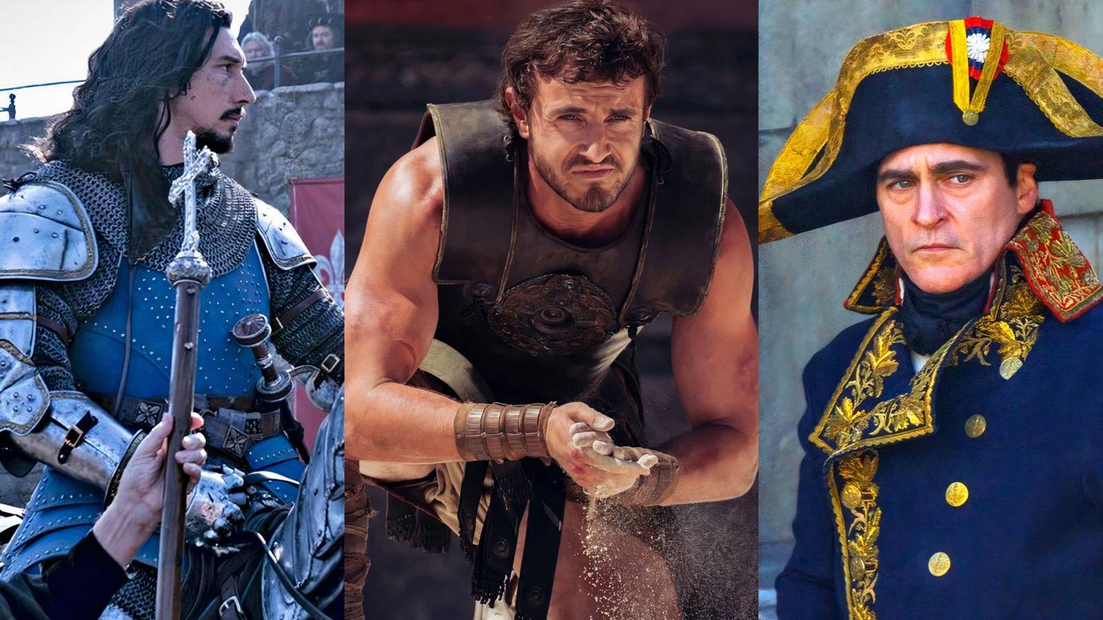 Adam Driver in The Last Duel, Paul Mescal as Lucius in Gladiator 2, and Joaquin Phoenix in Napoleon