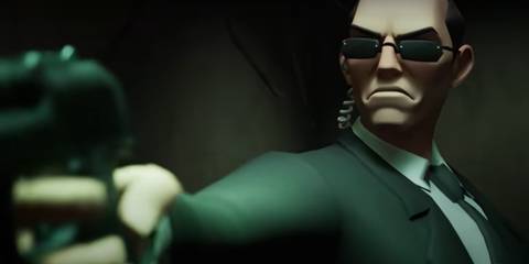 Agent Smith in a serious expression, holding his gun in MultiVersus