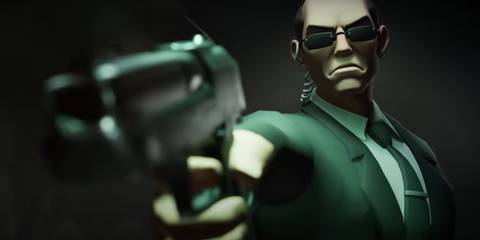 Agent Smith from MultiVersus holding a gun