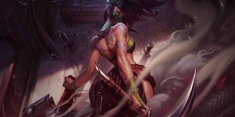 Akali lurking in the shadows, ready to strike with her kunai, the rogue assassin of Ionia