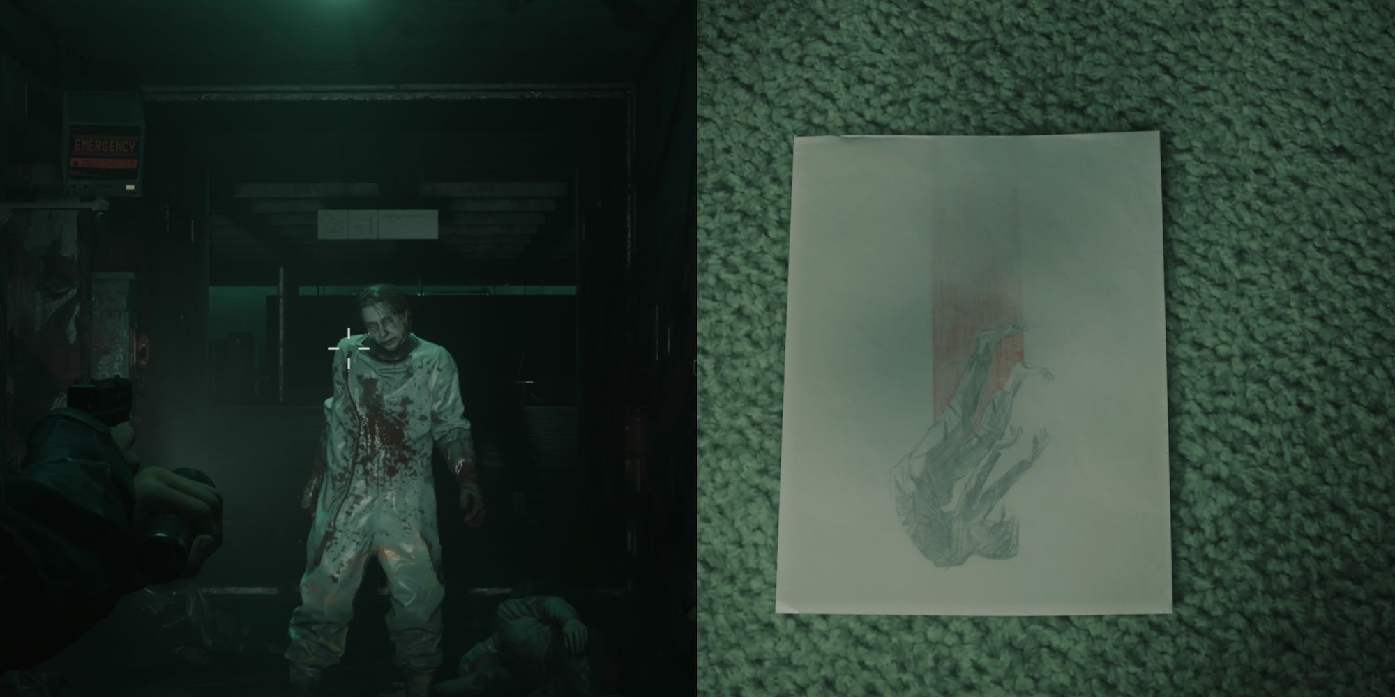 Alan Wake 2 split image Estevez aiming at an enemy on the left and a drawing on the right.