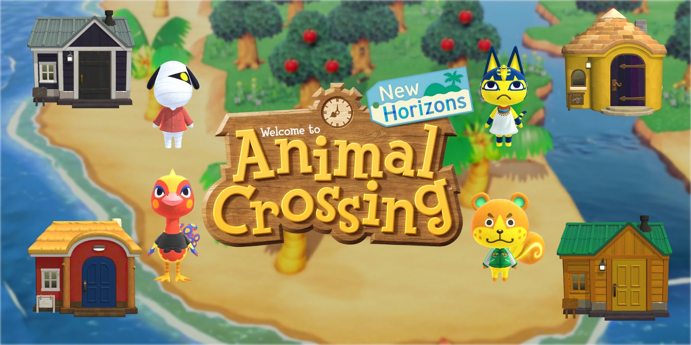 Lucky, Phoebe, Ankha, and Sheldon with their houses around Animal Crossing New Horizons logo