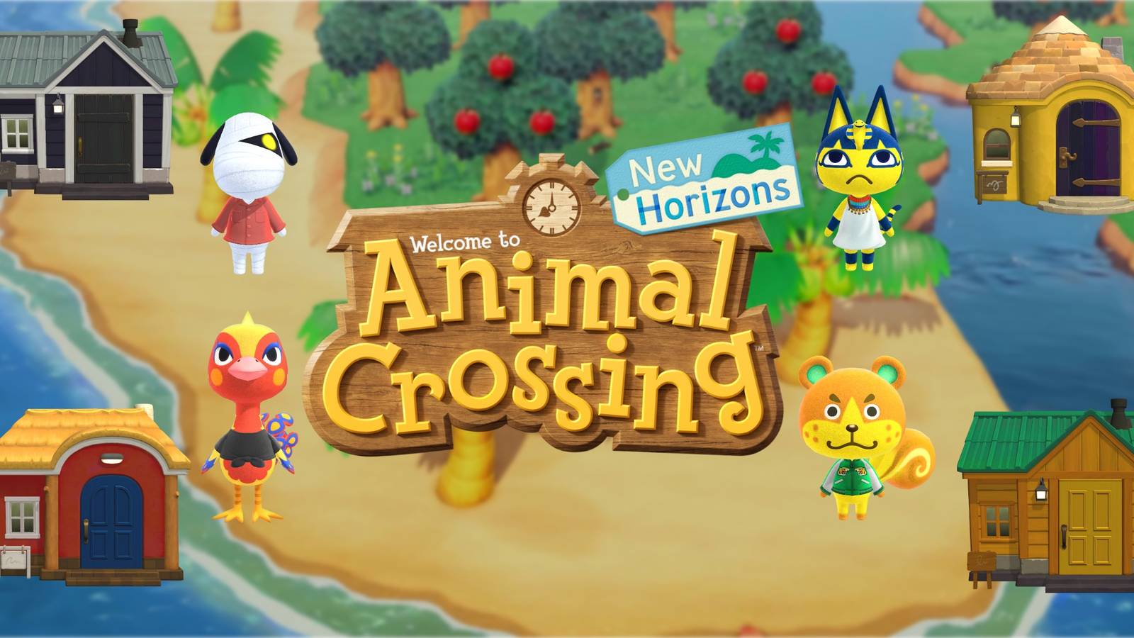 Lucky, Phoebe, Ankha, and Sheldon with their houses around Animal Crossing New Horizons logo