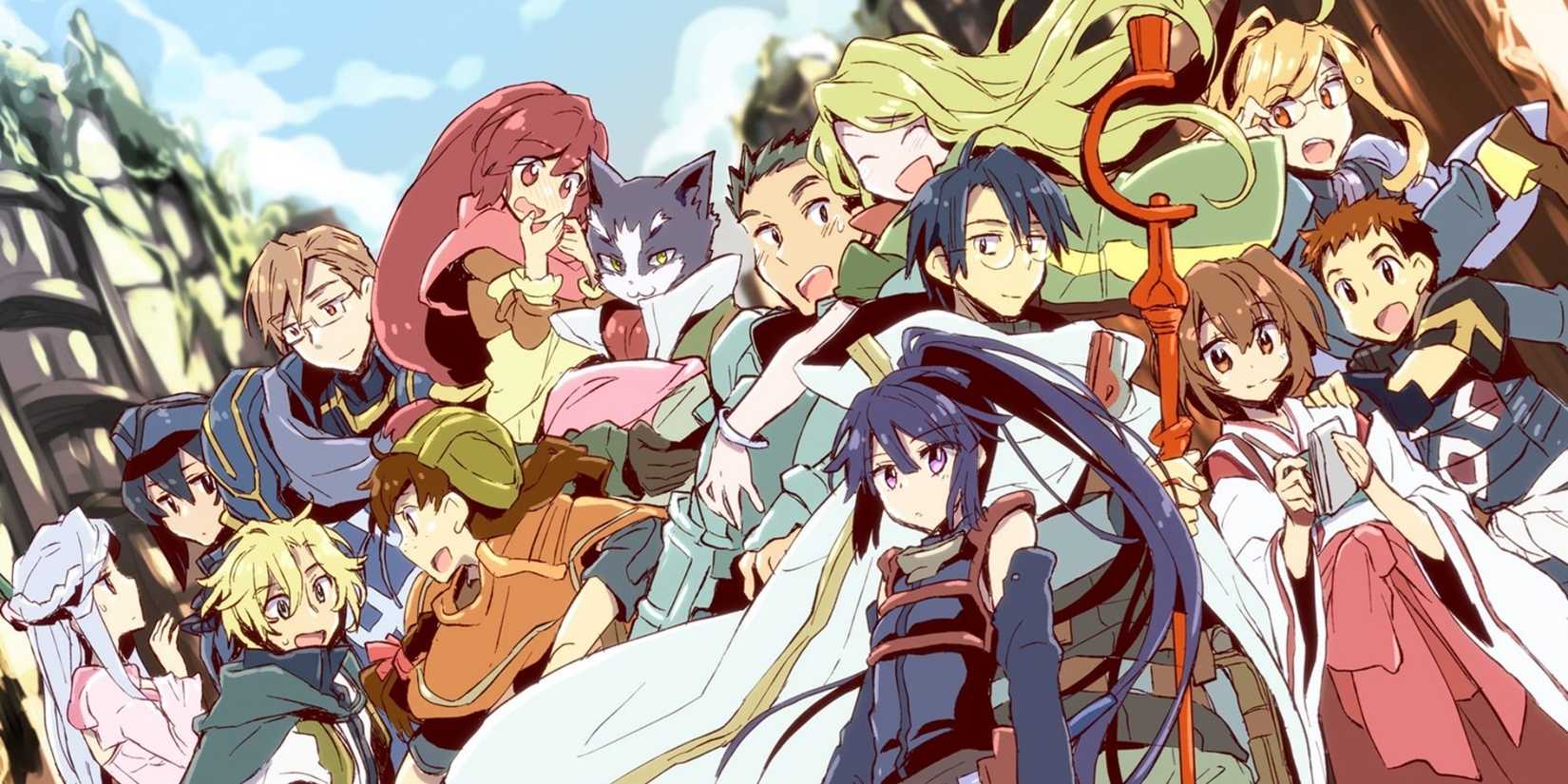 all the log horizon main characters stadning together.