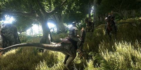 Three Players Riding Tamed Velociraptors In Forest In ARK: Survival Evolved