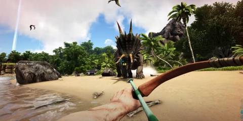 Ark Survival Evolved player shooting a dinosaur with a bow