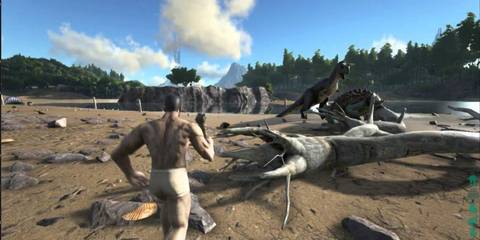 Ark Survival Evolved on a beach with a dinosaur