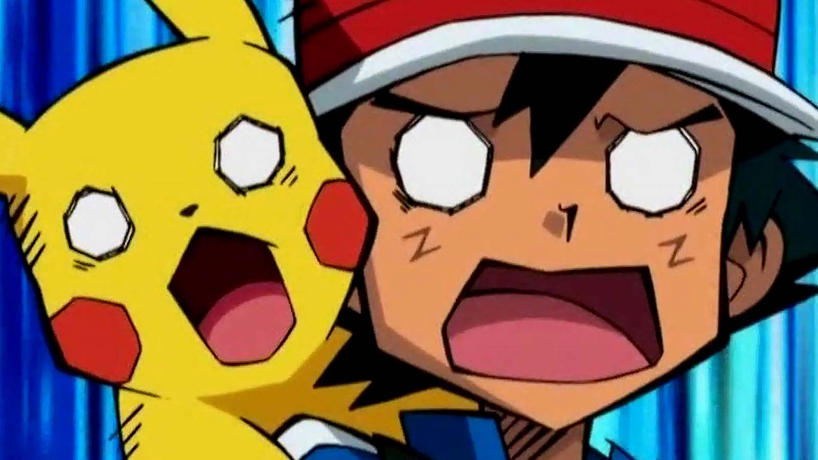 Ash Ketchum and Pikachu shocked white eyes Pokemon anime still frame 2x1 crop