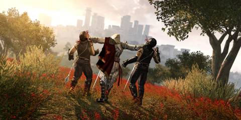 Ezio performing a double-kill with the hidden blades in Assassin's Creed 2