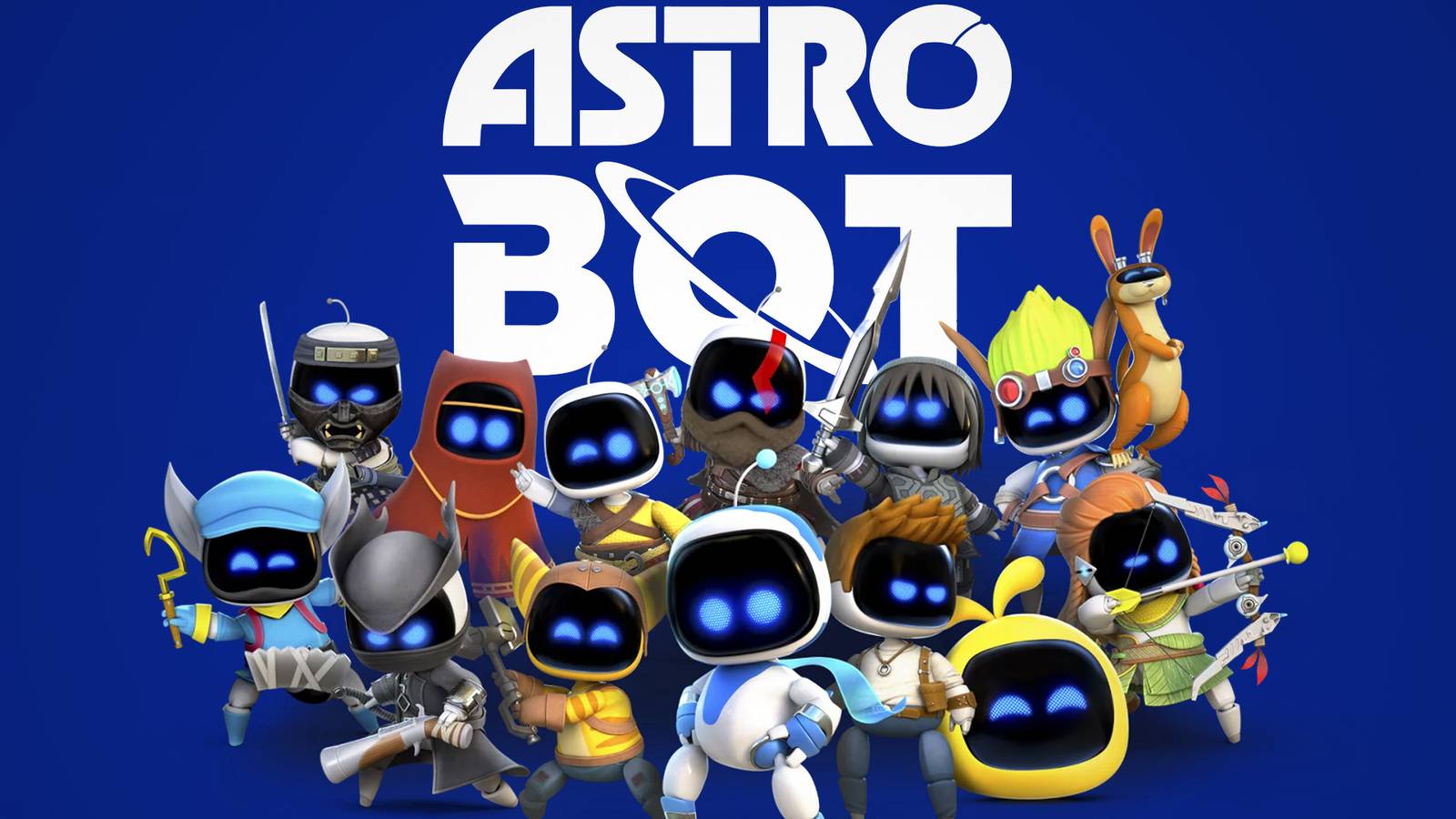 Astro Bot cast in front of game logo on dark blue background 2x1 composite