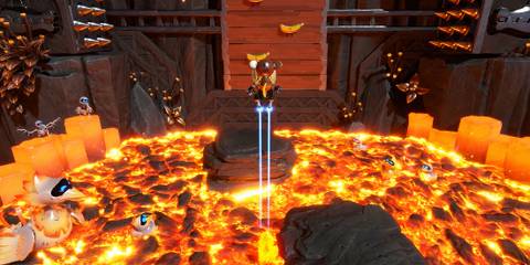 Astro Bot floating over magma in Rising Heat