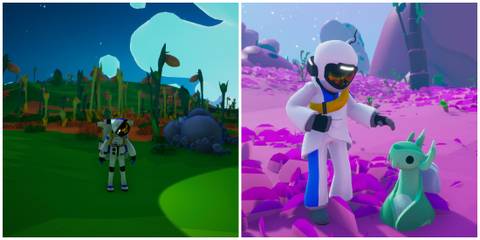 Split image of two characters exploring in Astroneer
