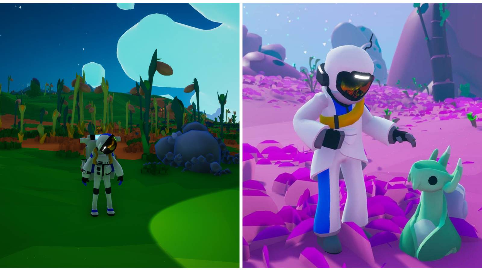 Split image of two characters exploring in Astroneer