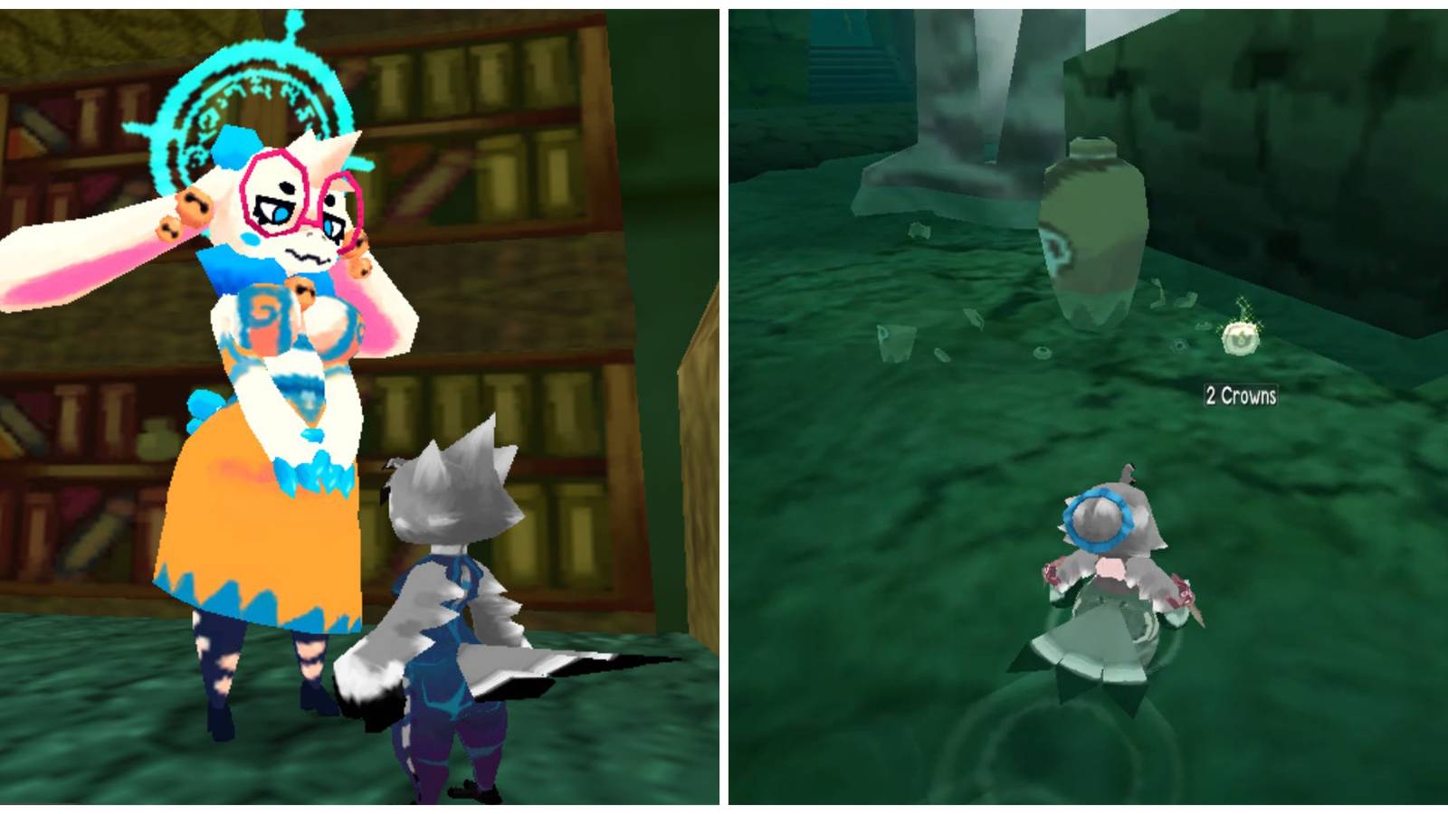 Split image of Angela and a character and a character finding 2 Crowns in Atlyss