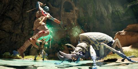 A character from Avowed prepares to strike a large insectoid monster