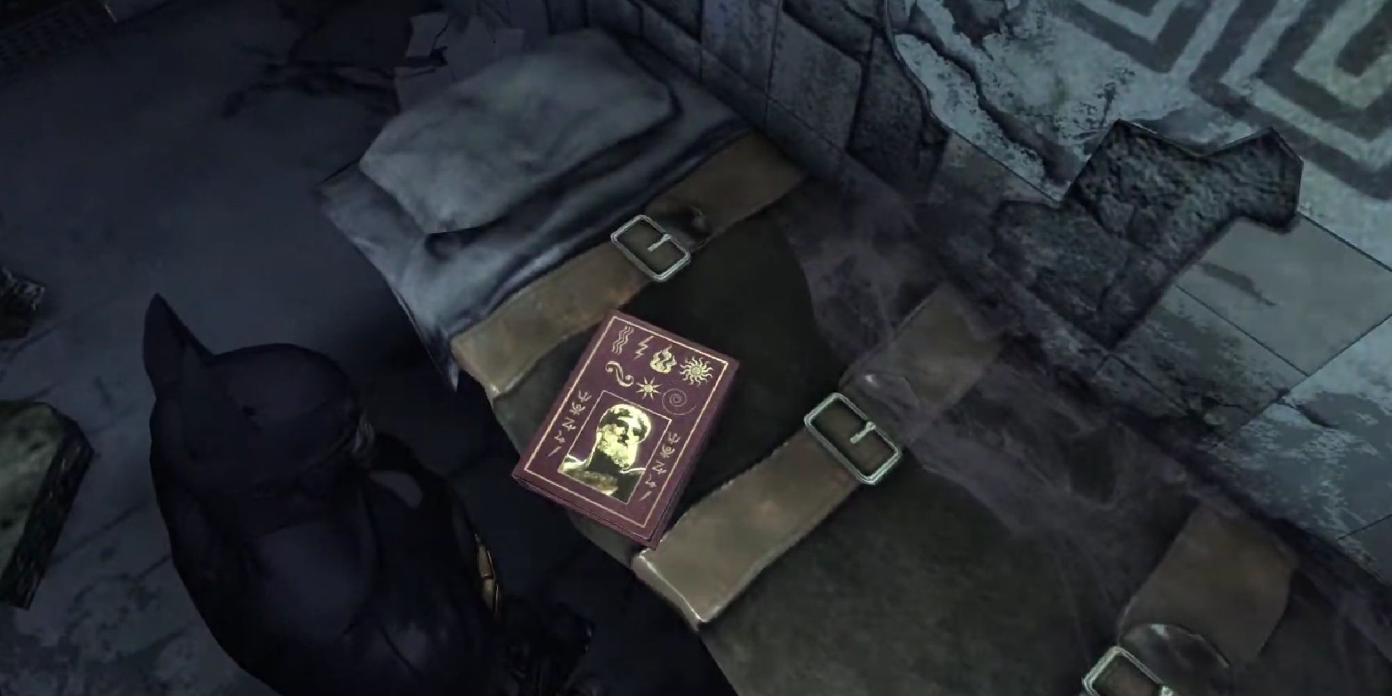 Batman looking at Maxie Zeus' journal in Batman: Arkham Asylum