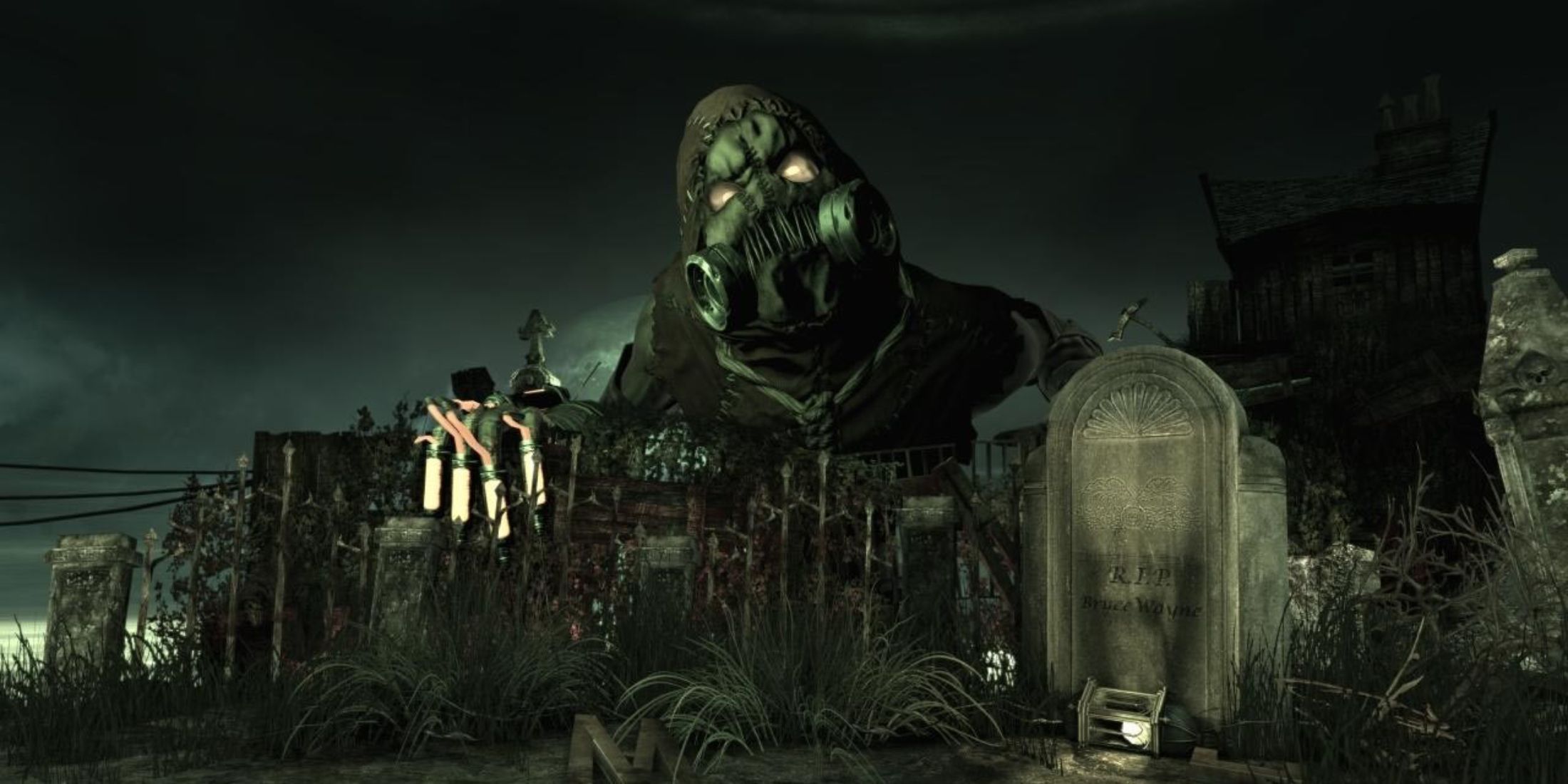 Scarecrow behind behind a cemetery with Bruce Wayne's gravestone