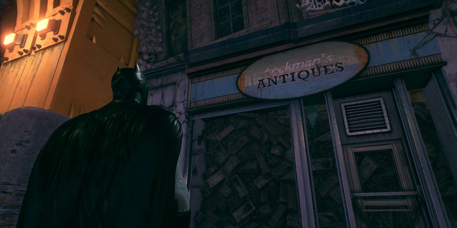 Batman staring at Tockman's Antiques as a Clock King reference in Batman Arkham Knight