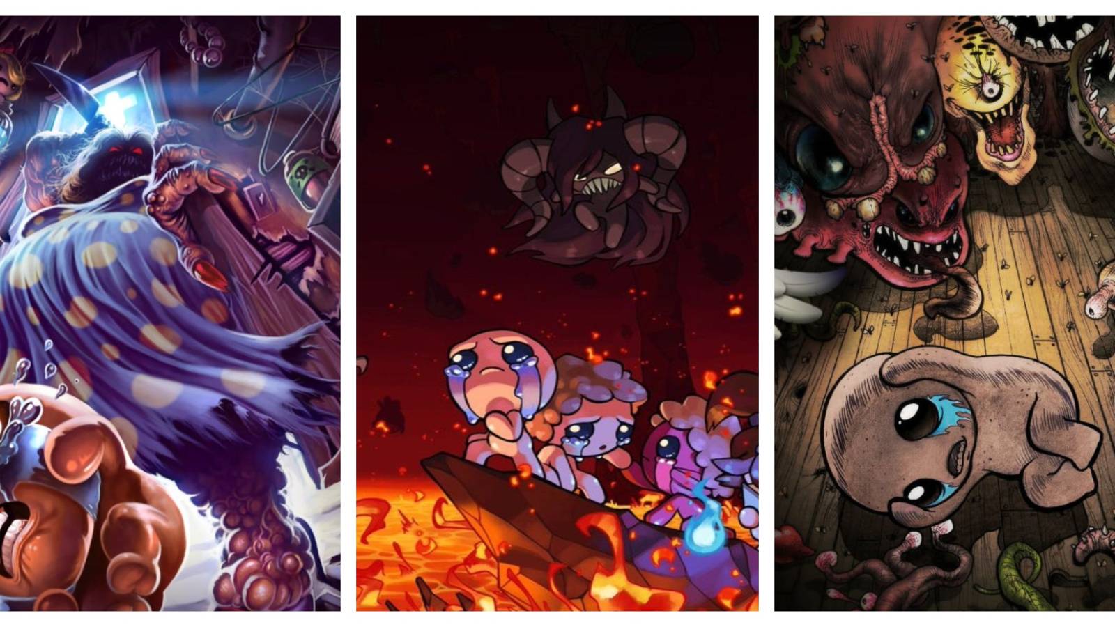 Three Panels Depicting Isaac Surrounded By Monsters In Three Different Locations