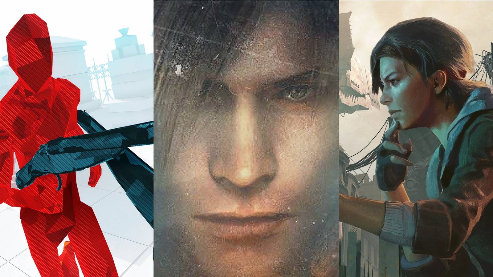 Stills from Superhot VR, Resident Evil 4 VR, and Half-Life Alyx