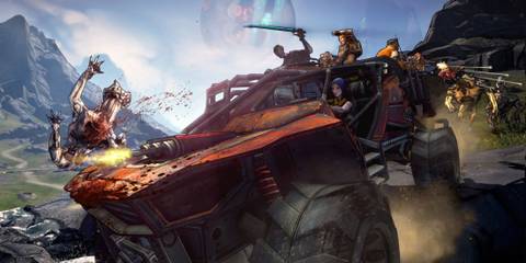 The vault hunters in a vehicle in Borderlands 2