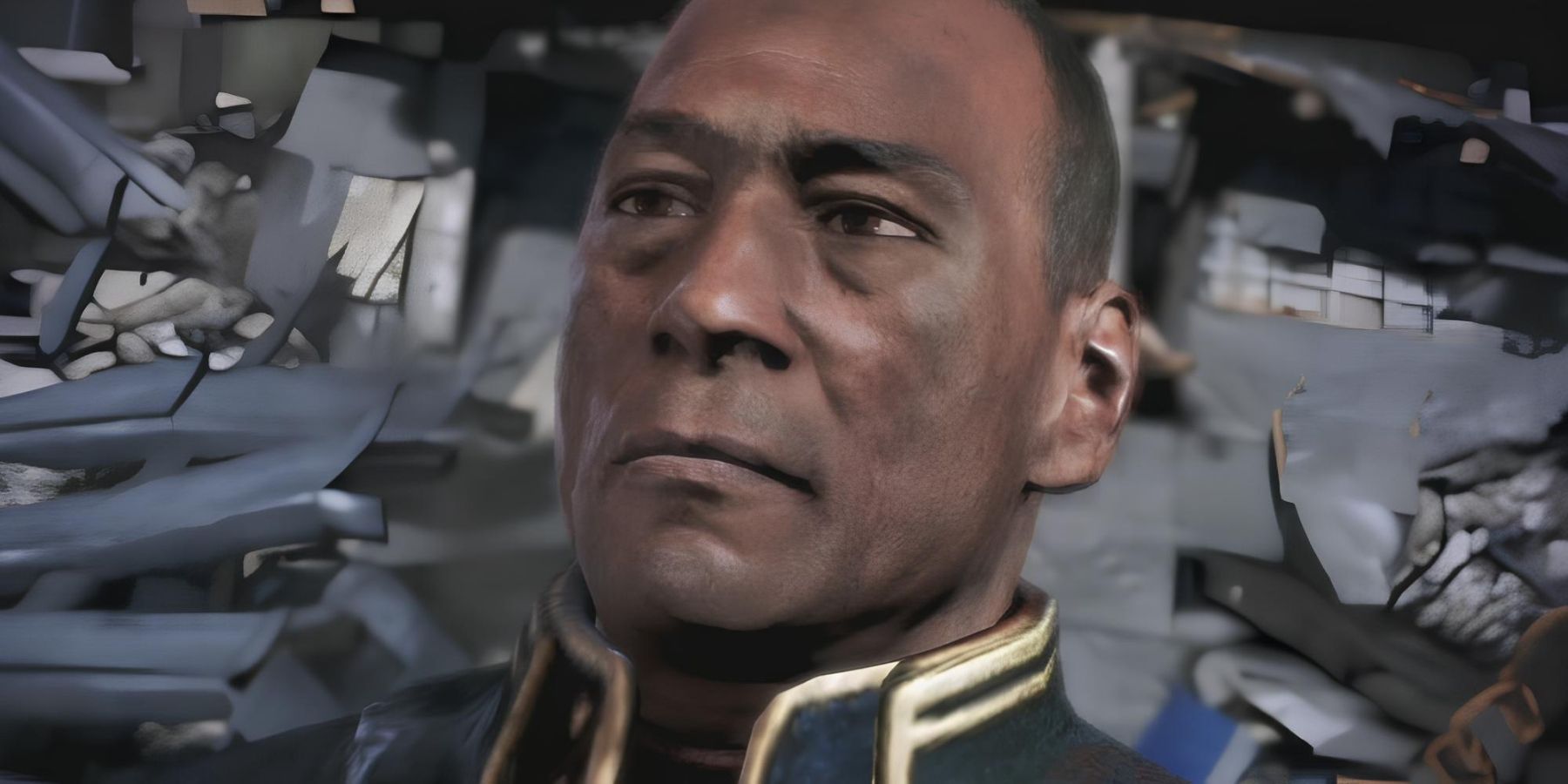 Captain Anderson, who must be in the Mass Effect TV series, with a somber expression on his face