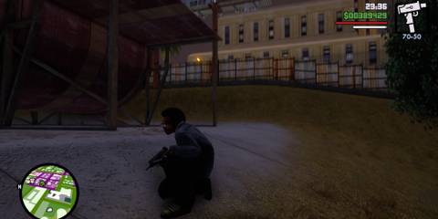 CJ crouching in Grand Theft Auto: San Andreas