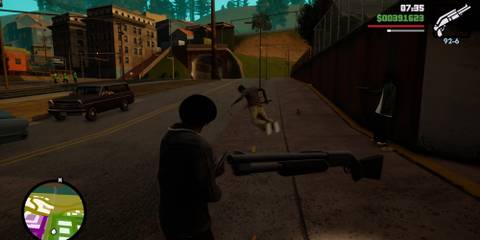 CJ shooting a rival gang member in Grand Theft Auto San Andreas. 