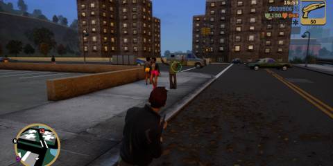Claude aiming a shotgun at a pedestrian who has their hands up in the air in grand theft auto 3.