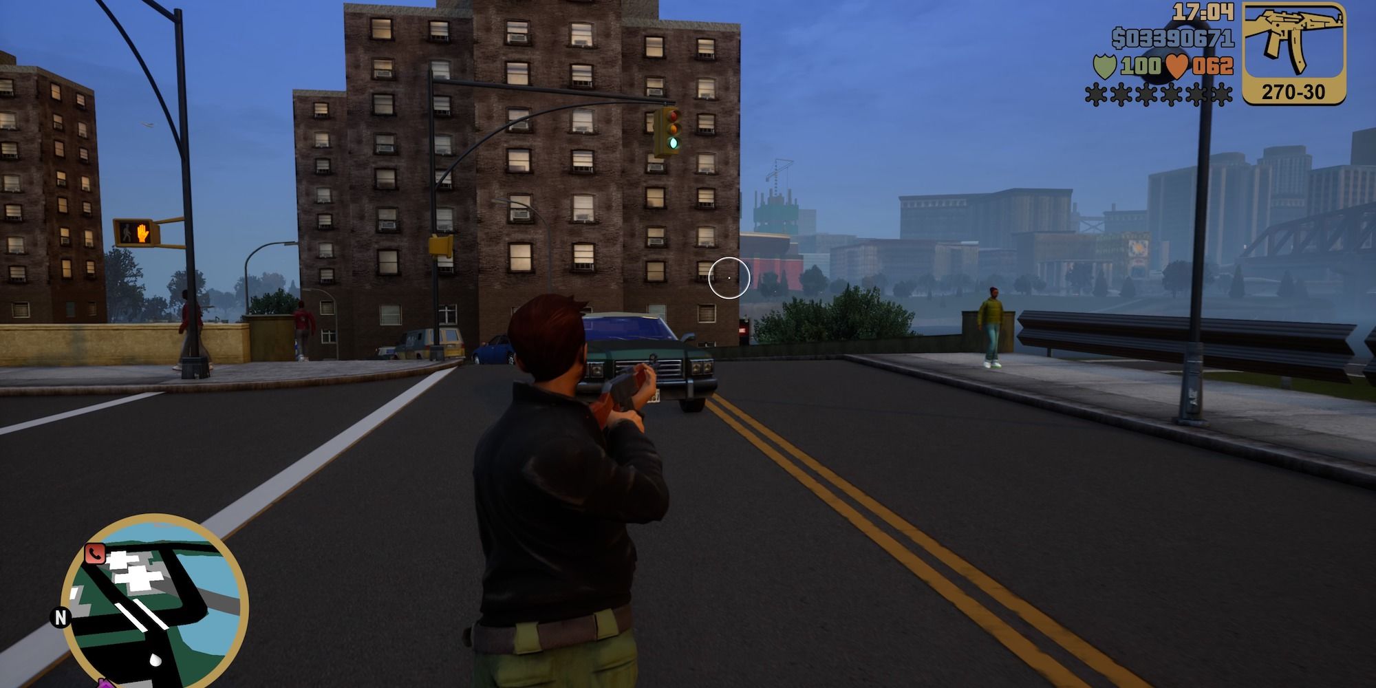 Claude aiming on the street in Grand Theft Auto 3