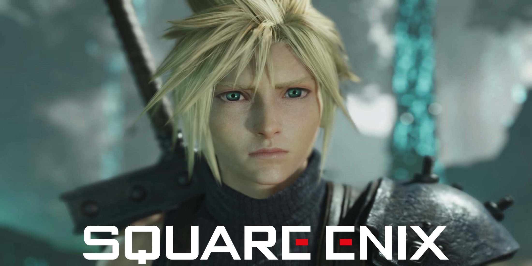 Cloud Strife looking at camera in Final Fantasy 7 Rebirth behind white Square Enix logo 2x1 composite