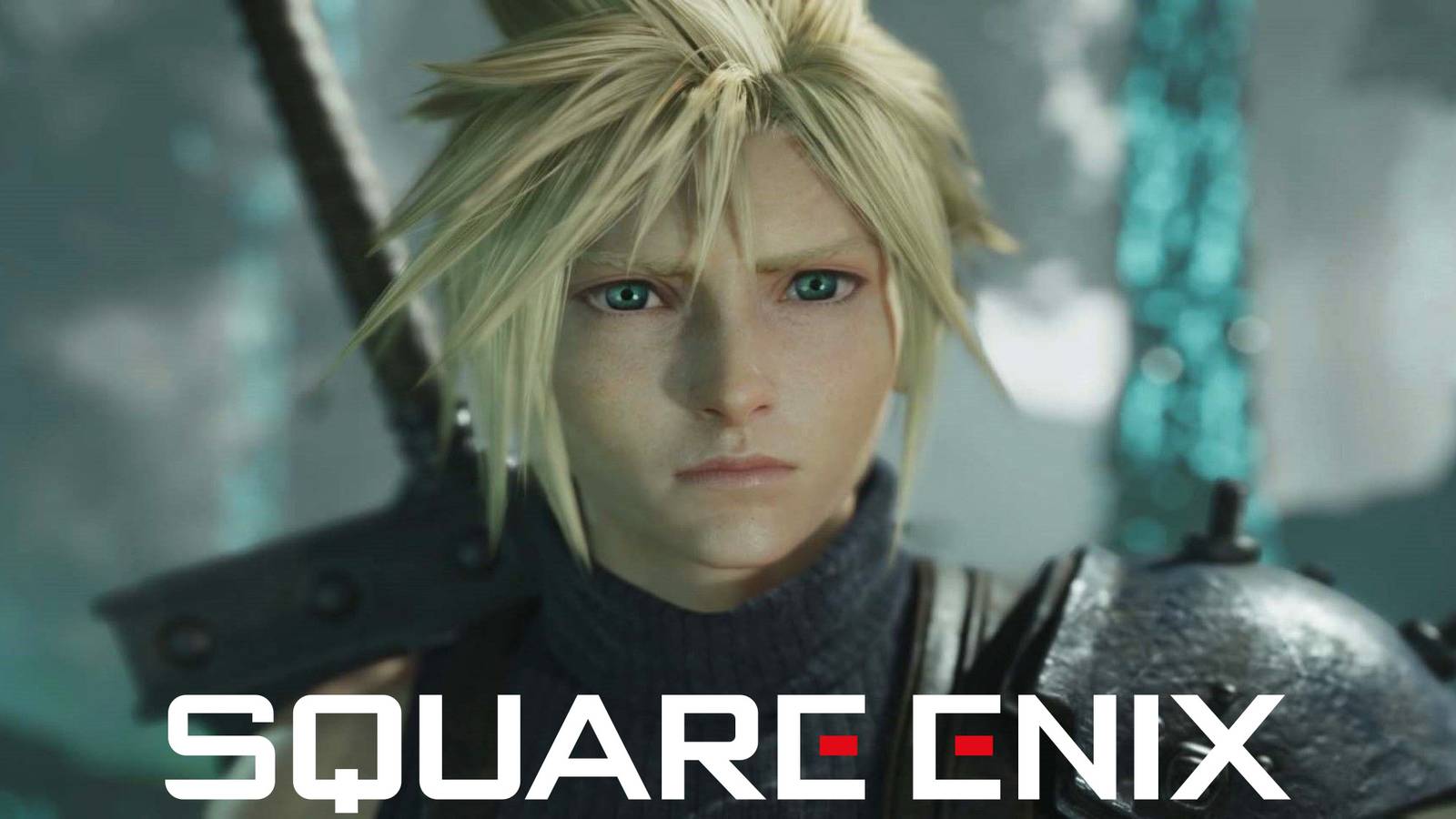 Cloud Strife looking at camera in Final Fantasy 7 Rebirth behind white Square Enix logo 2x1 composite