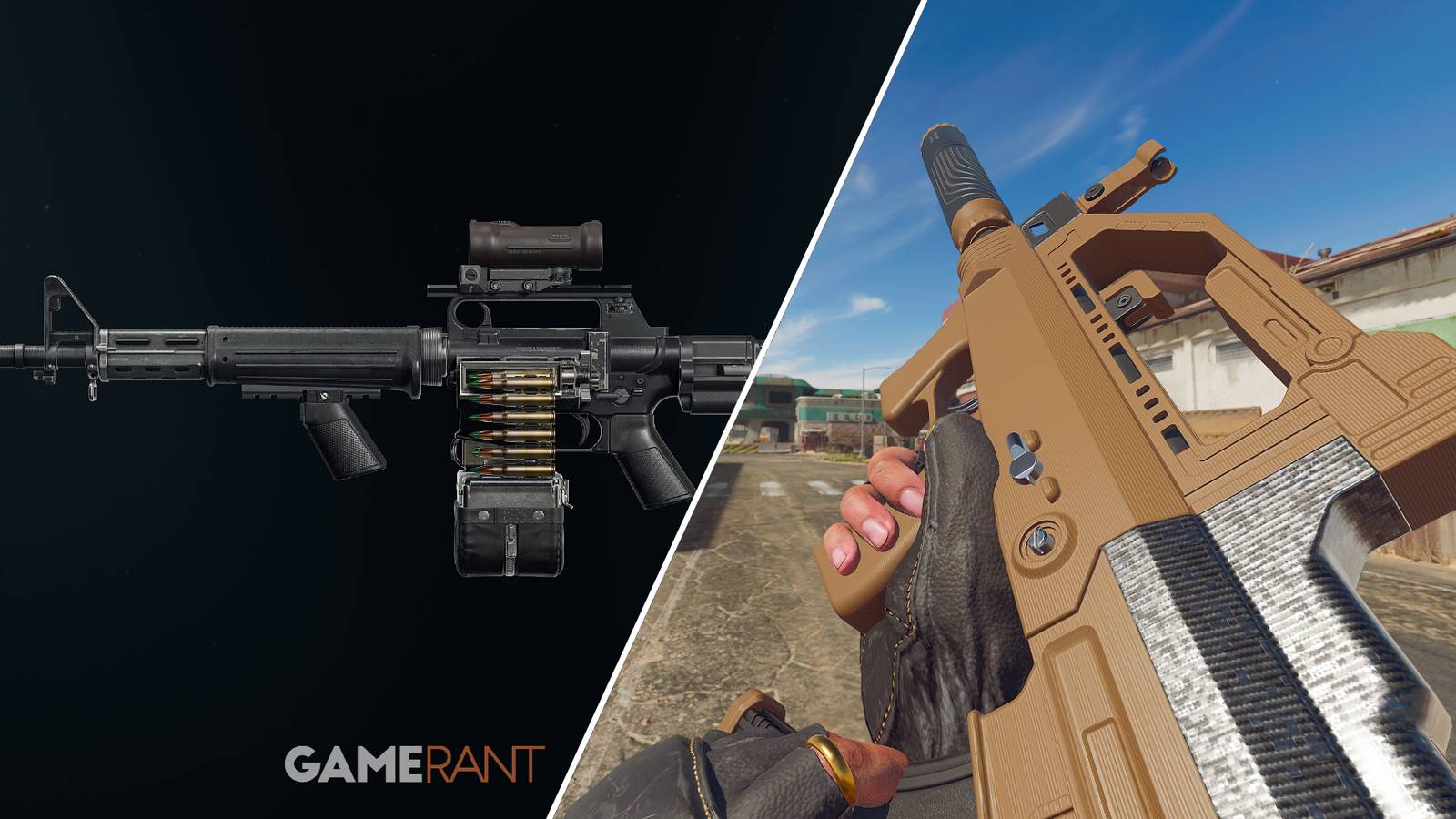 Split-image showcasing the XMG and the DG58 LSW in Warzone