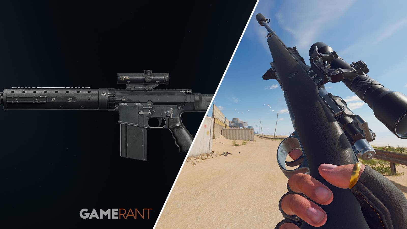 Split-image showcasing the DM-10 and the Kar98k in Warzone