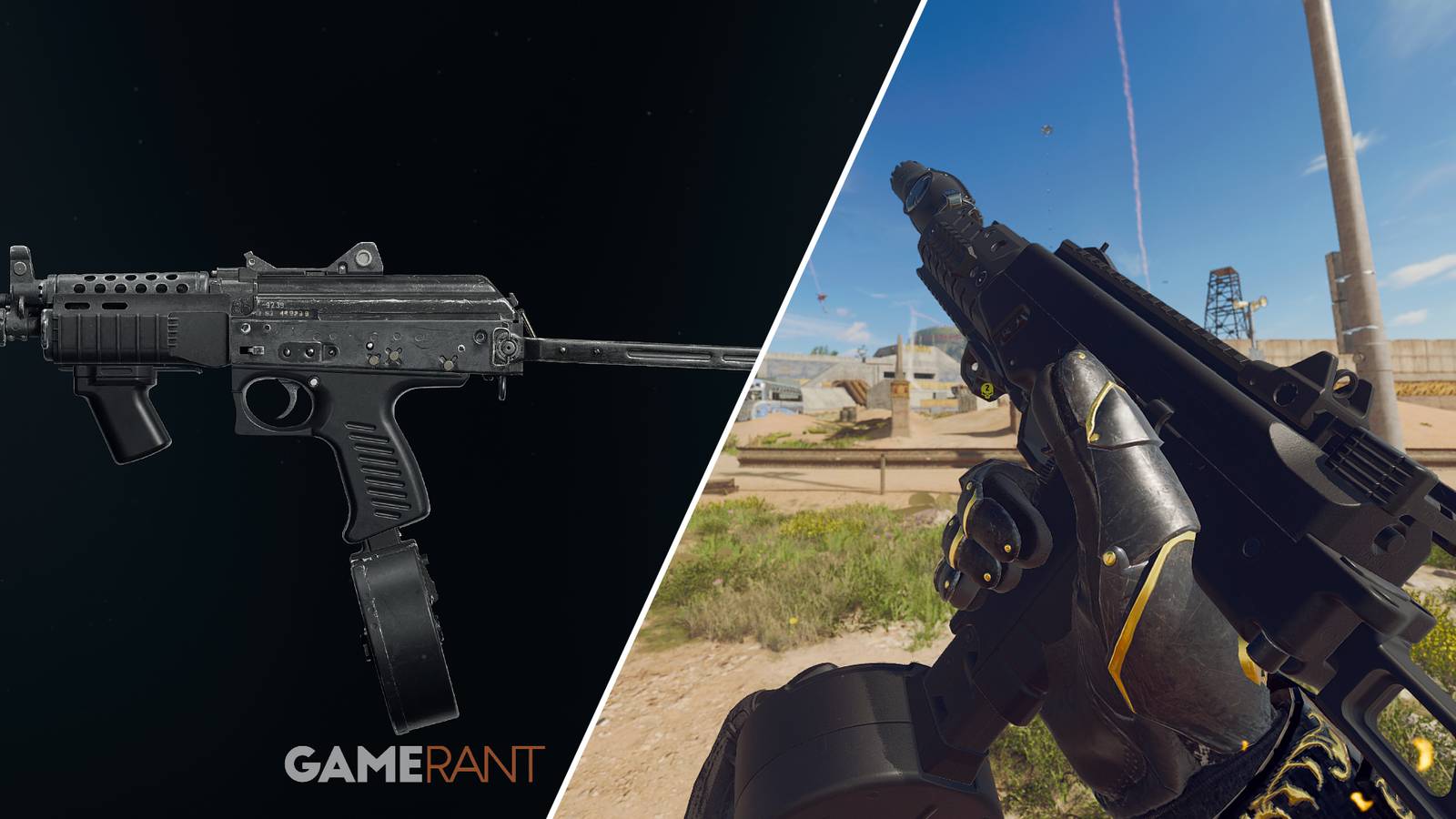 Split-image showcasing the Jackal PDW and the FJX Horus in Warzone