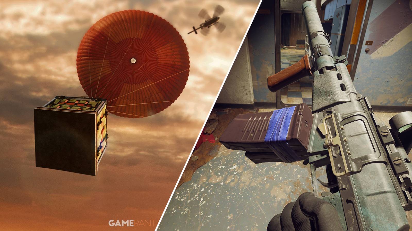 Split-image showcasing a loadout drop and the AS VAL in Call of Duty: Warzone