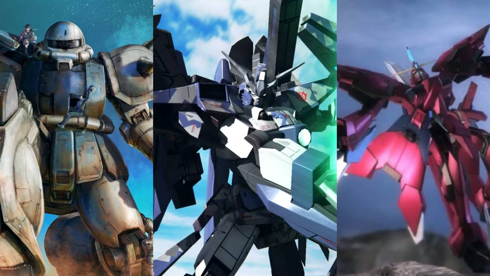 Mobile Suit Gundam Battle Operation 2 (left), Gundam Breaker 3 (middle), Dynasty Warriors: Gundam Reborn (right)